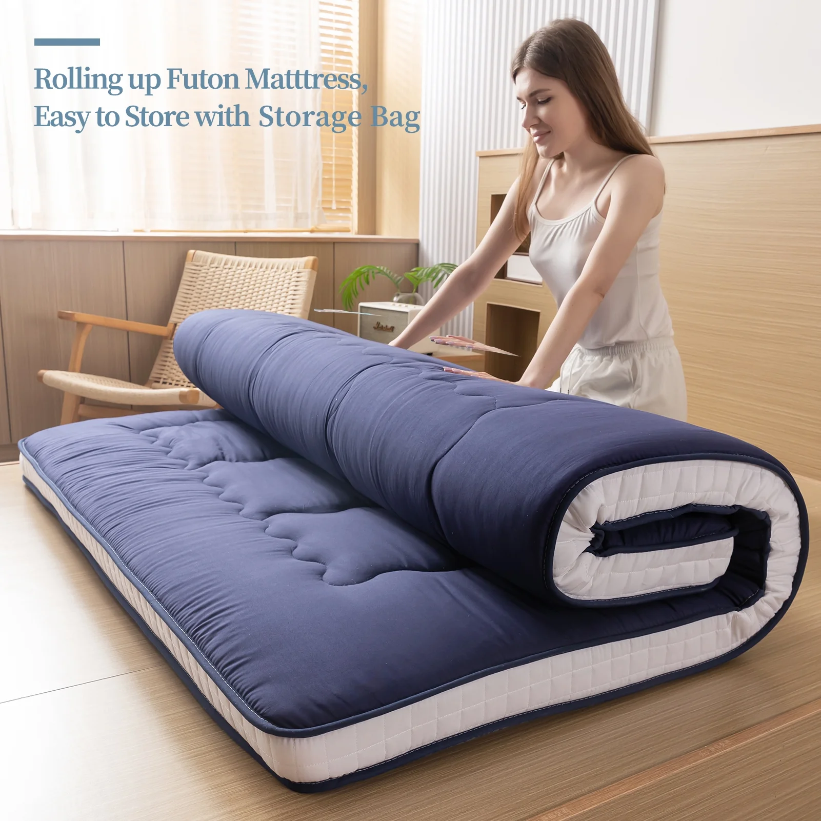 Extra Thick Futon Floor Mattress, Memory foam Padded Japanese Floor Mattress, Navy Space, Twin