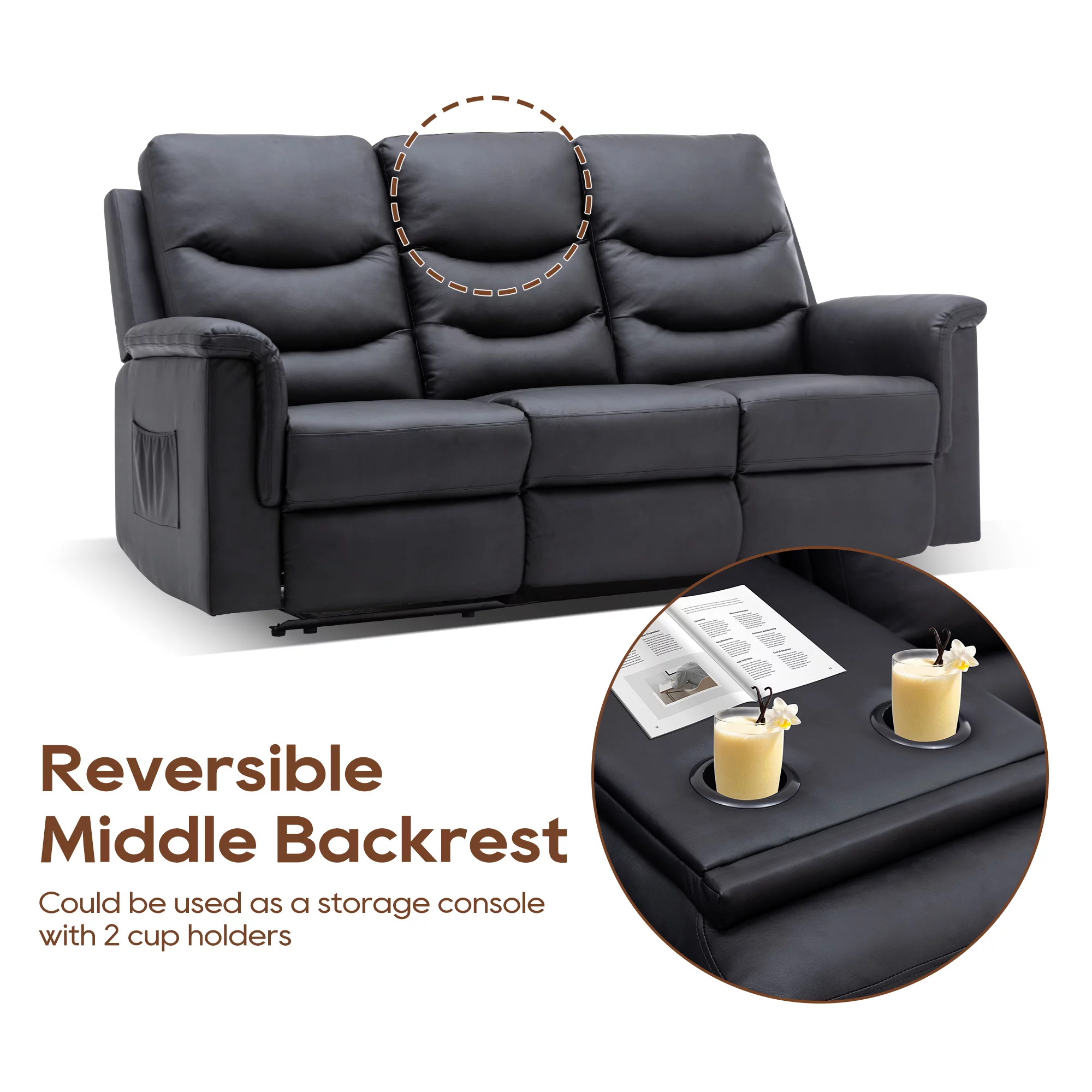 Reclining Sofa, 3 Seater Sofa Recliner with Flipped Middle Backrest, PU Leather Reclining Sofa with 2 Cup Holders and Console Slate, Manual Reclining Home Theater Seating for Living Room - Curated Treasures Market