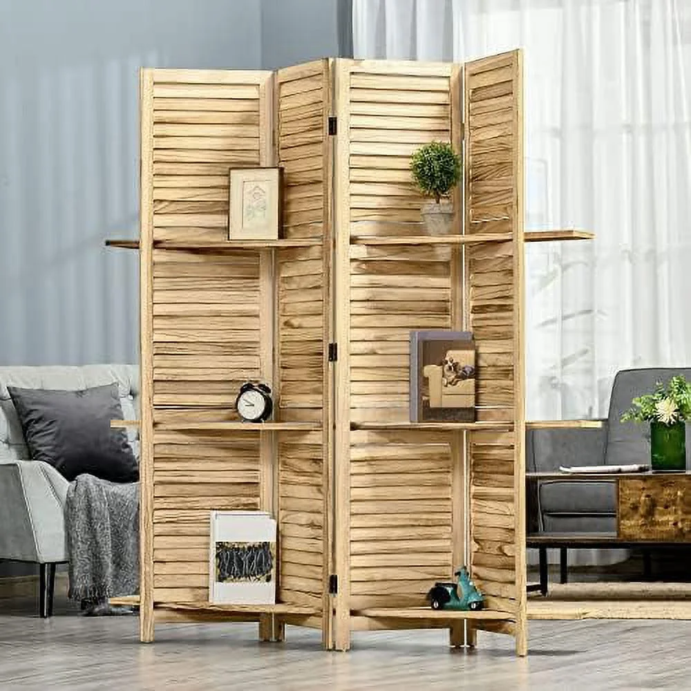 TQNJYGX 4 Panel 67" Tall Wood Privacy Screen Room Divider with 3 Display Shelves  and Folding  for Bedroom or Home Office  Grey - Curated Treasures Market