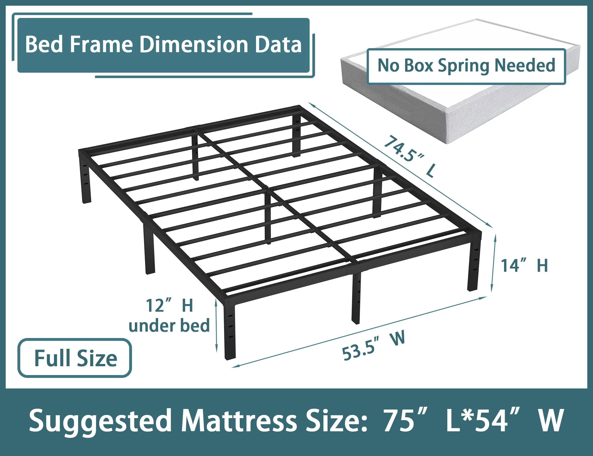 Rooflare 14'' Heavy Duty Full Metal Platform Bed Frame for Adult,Black