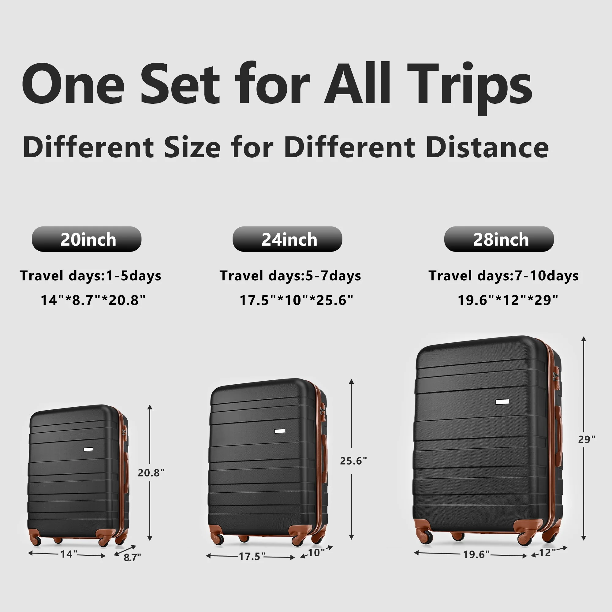 KUUFER 3 Piece Set Suitcase Spinner Hardshell Lightweight TSA Lock, Expandable Luggage Set, Black - Curated Treasures Market