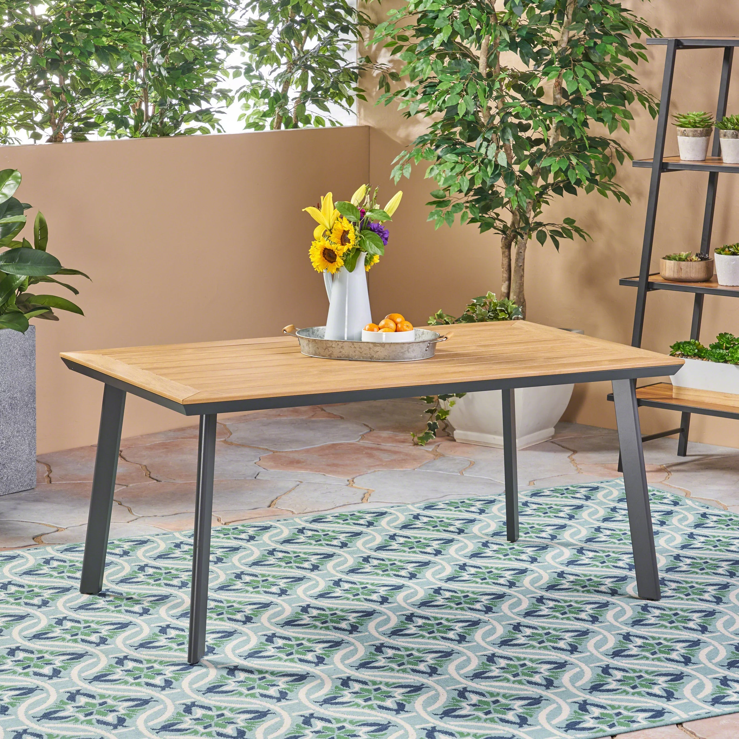 Tabby Outdoor Aluminum and Faux Wood Dining Table, Natural and Gray - Curated Treasures Market