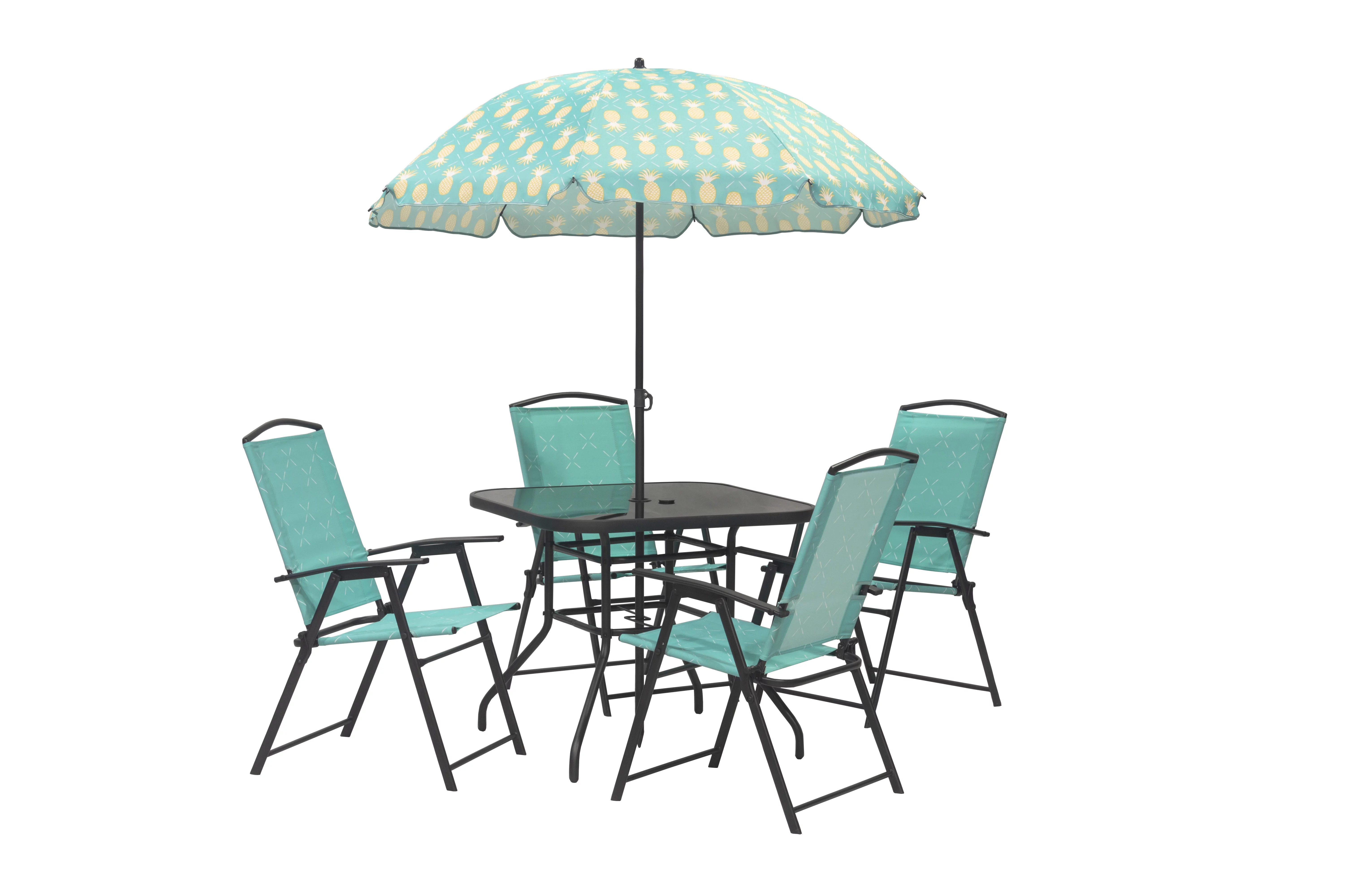Donglin Wyndham 6pcs Outdoor Funiture Steel Folding Dining Set with Umbrella,Blue,4 person  seating