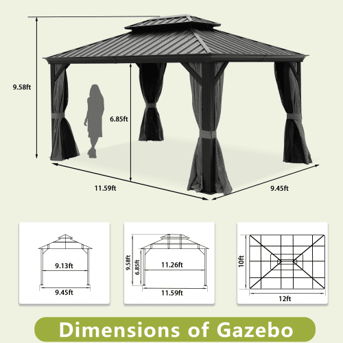 Mondawe 10x12ft Hardtop Gazebo with Netting & Curtain, Black - Curated Treasures Market