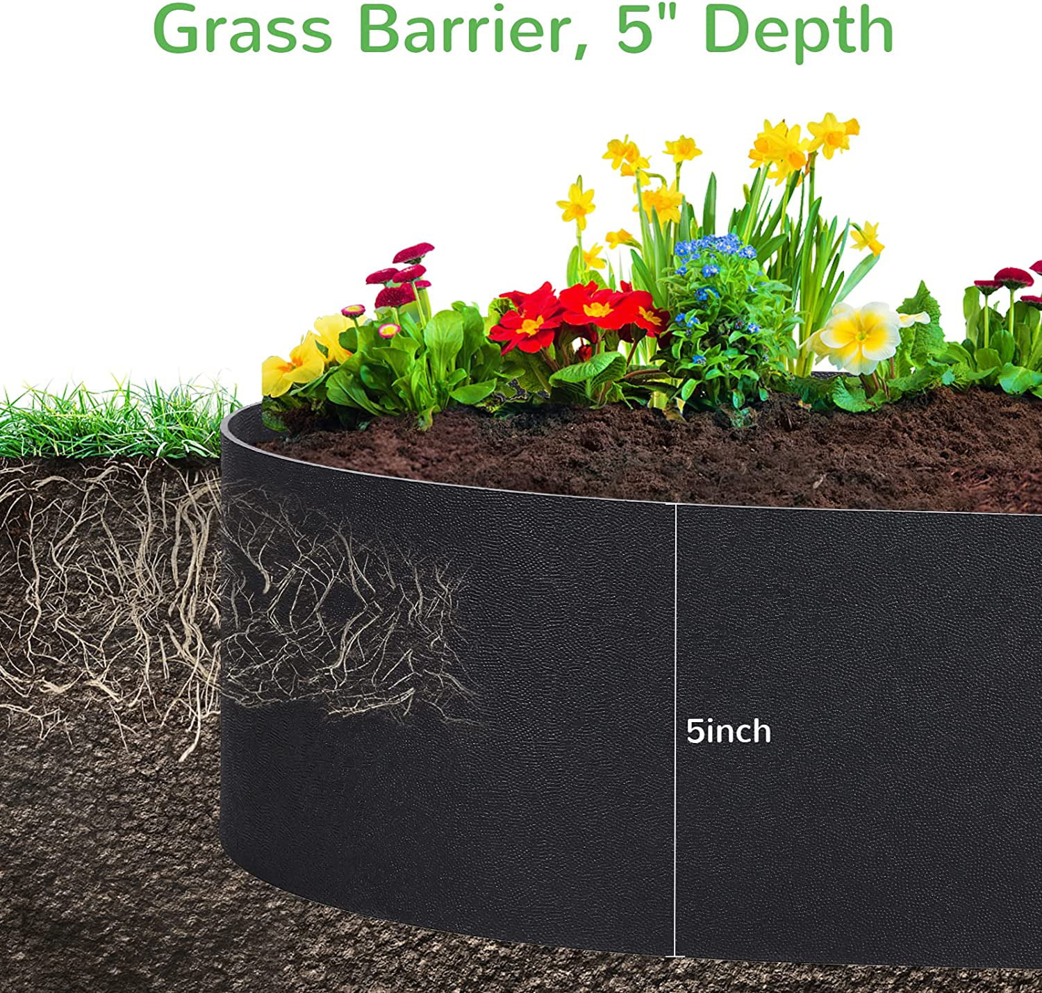 Black Plastic Garden Landscape Edging, 5” Tall Border Coil with 6 Durable Stakes, Flexible and Strengthened with Anti-UV Treatment (20ft with 6pcs Stakes) - Curated Treasures Market