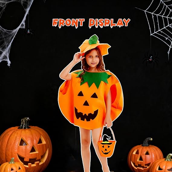Halloween Kids Pumpkin Costume Set with Poncho, Hat and Treat Bag for Toddler Kids Youth - Curated Treasures Market
