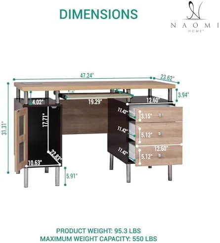 CHTYIIUN Elsy 3-Drawer File Cabinet Two-Tone Desk with Keyboard Tray  Power Outlets  USB Ports Charging Station  Metal Legs - 47.2" Wooden Computer Writing Desk Gaming Sturdy Home Off - Curated Treasures Market