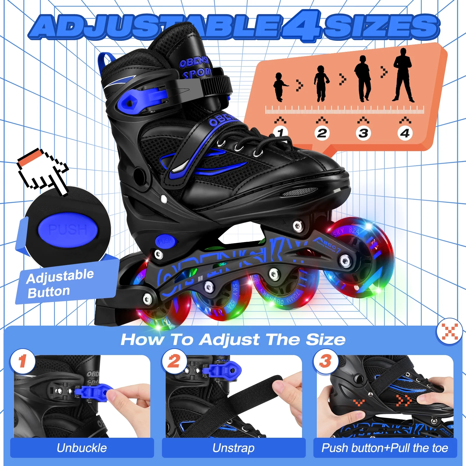 OBENSKY Adjustable Inline Skates, Illuminating Roller Blades for Kids, Boys& Girls Beginner w/ Light up Wheels-Blue - Curated Treasures Market