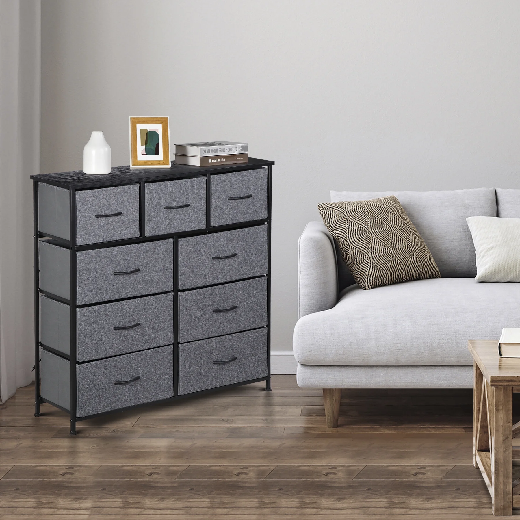 HomGarden 9-Drawer Storage Dresser Tall Chest Fabric Organizer Adult Home Furniture Gray