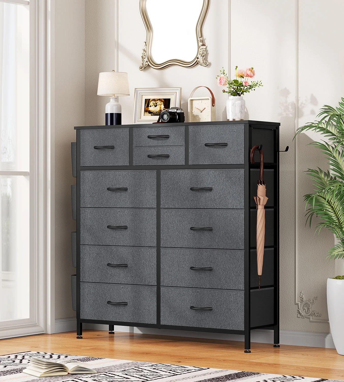 GIKPAL 12 Drawer Dresser, Dressers for Bedroom Chest of Drawers Tall Dresser Fabric Long Dresser for Kids and Adults, Steel Frame and Wooden Top Brown