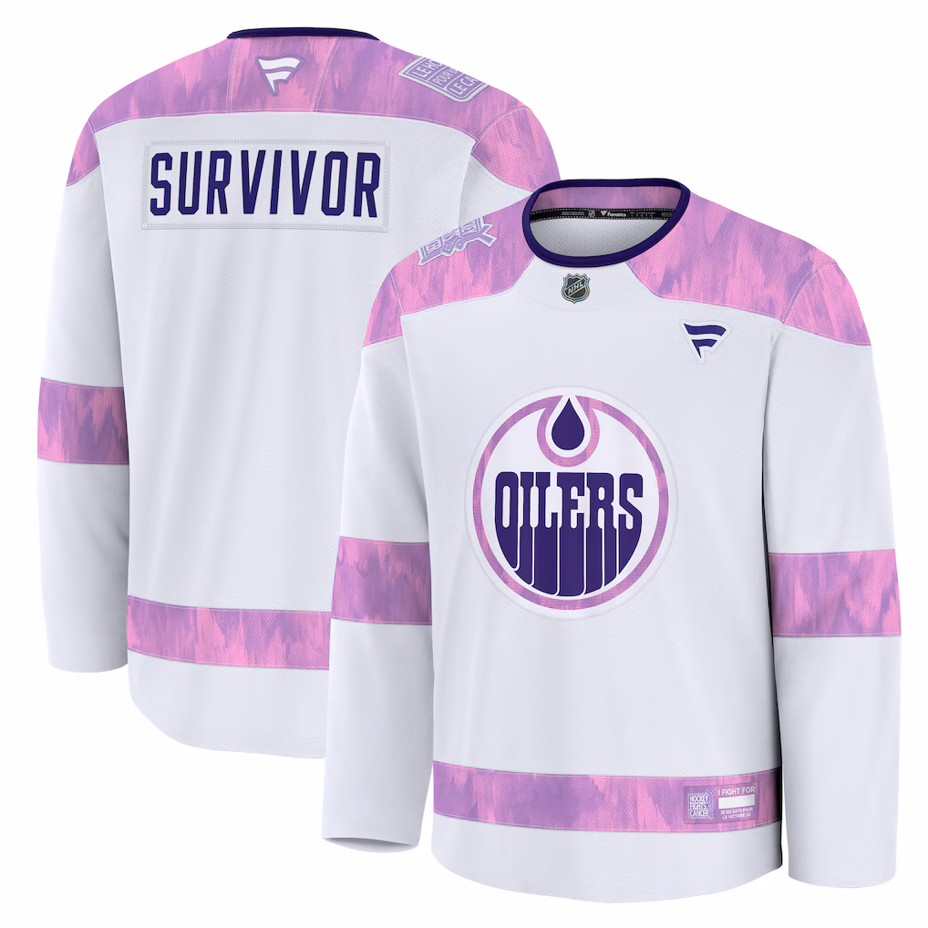 Men's Edmonton Oilers Fanatics White Hockey Fights Cancer Survivor Practice Jersey