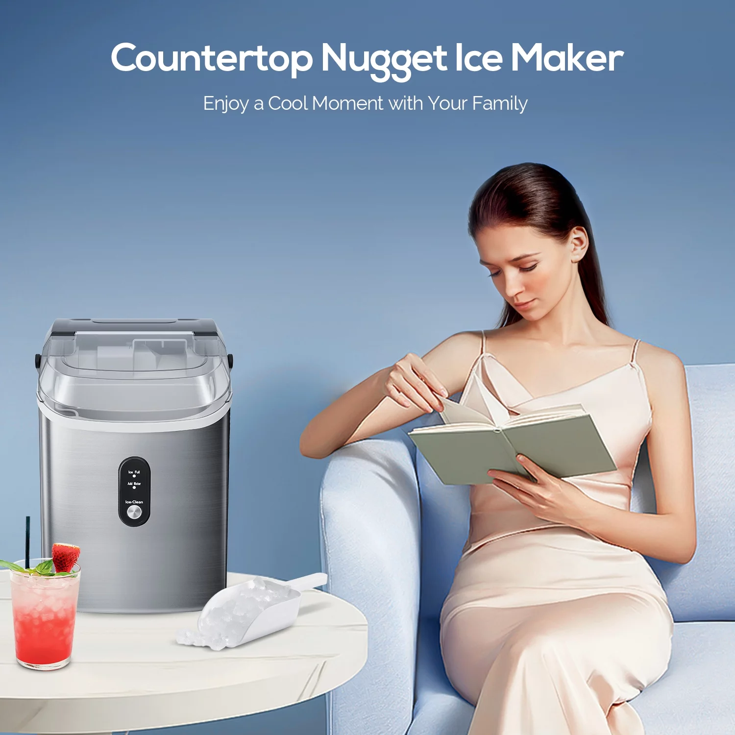 KISSAIR Portable Nugget Ice Maker Countertop, Self-Cleaning Function, 32lbs/24H, for Home/Office/Party Stainless Steel--Black