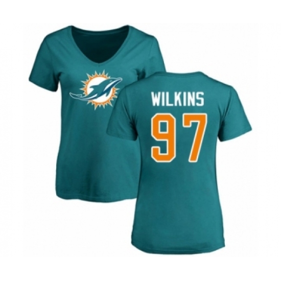 Football Women's Miami Dolphins #97 Christian Wilkins Aqua Green Name & Number Logo T-Shirt