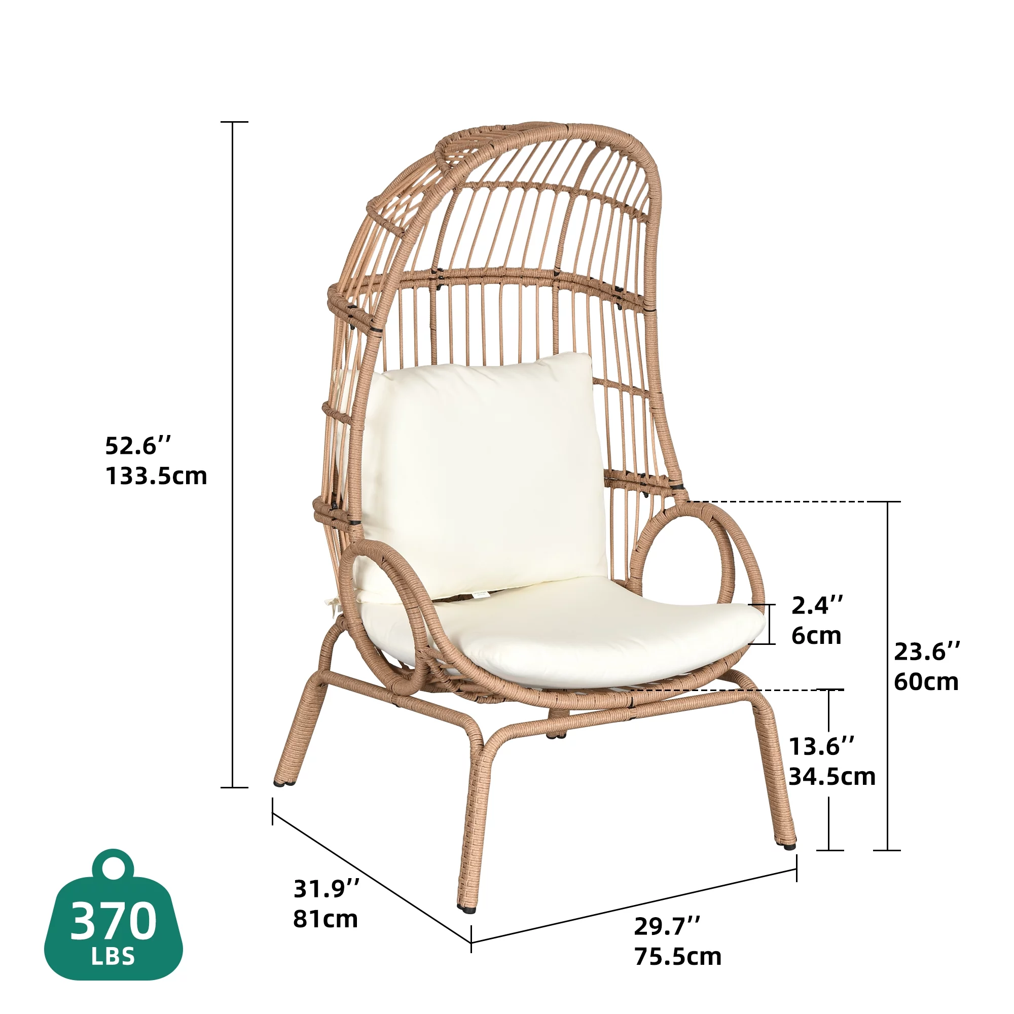 Dextrus Wicker Egg Chair Oversized Indoor Outdoor Patio Lounger w/ Steel Frame, Basket Chair for Bedroom,Living room,Patio, 370lb Capacity - Beige - Curated Treasures Market