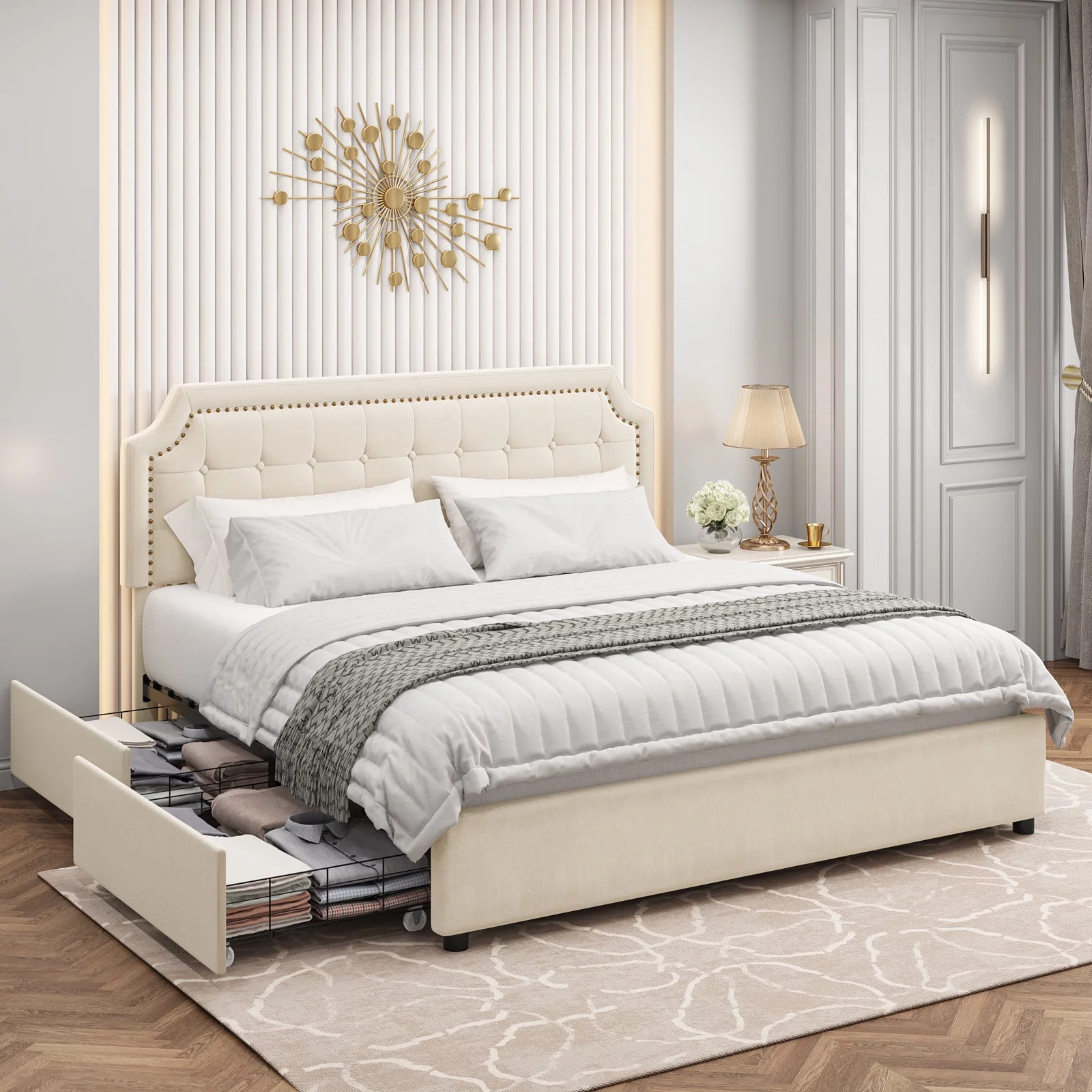 Homfa Queen Size Storage Bed, 4 Drawers PU Leather Platform Bed Frame with Adjustable Upholstered Headboard, Black