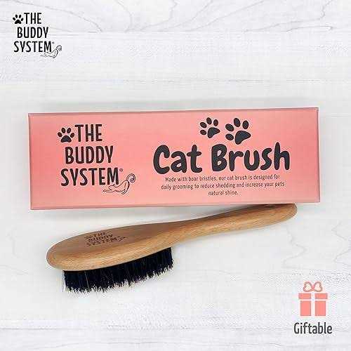 The Buddy System Cat Brush with Boar Bristle and Wooden Handle, Professional Grade Daily Grooming Hairbrush, Reduce Shedding, Soft Hair and Healthy
