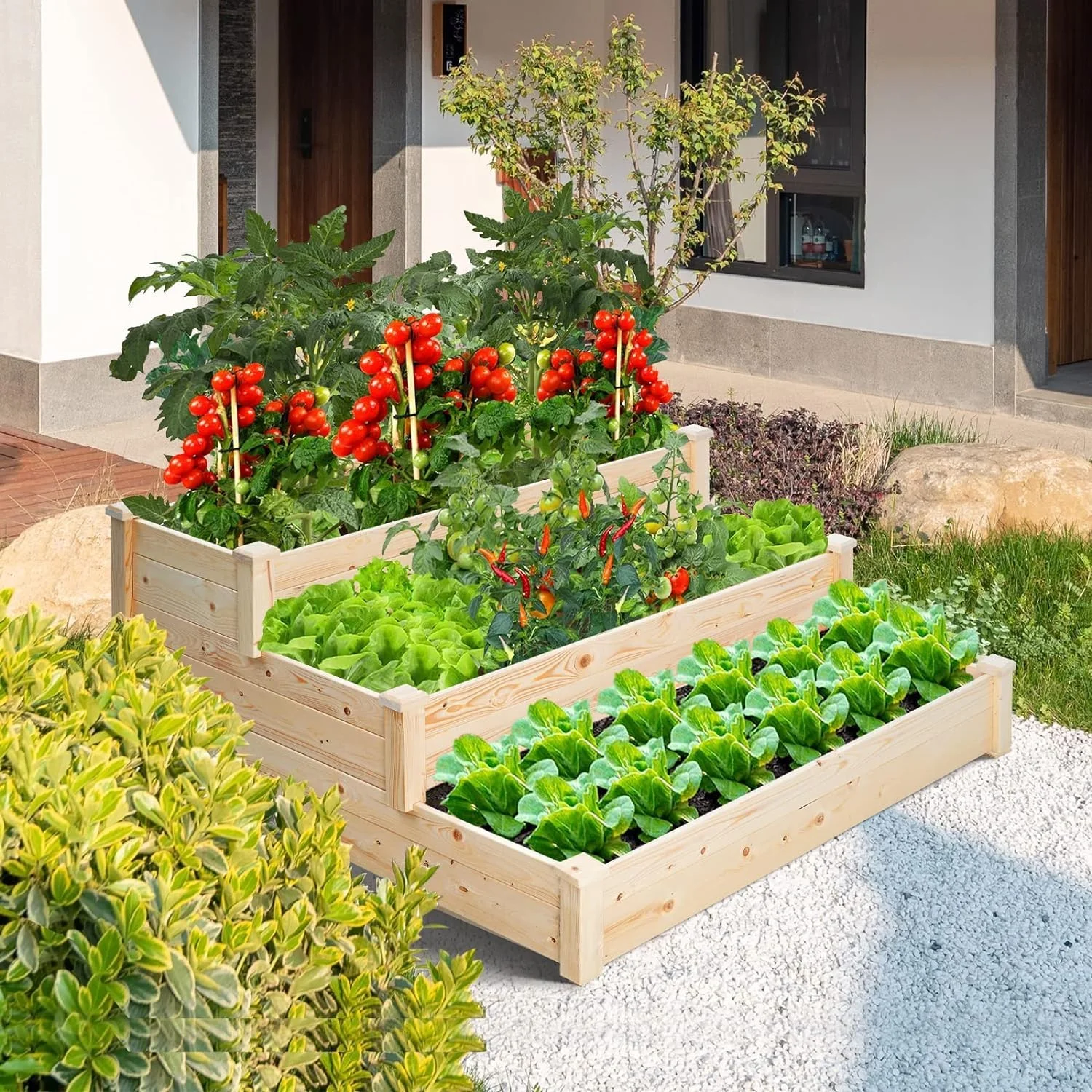 4x4 3 Tier Feet Outdoor Wooden Elevated Raised Garden Bed Planter Kit Grow Gardening Vegetable Natural, S or Yard Gardening, Natural - Curated Treasures Market
