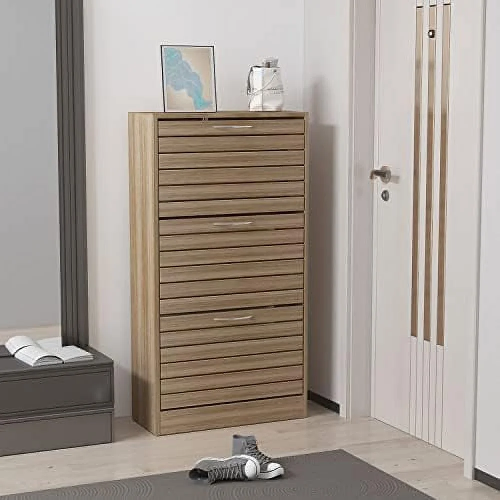TJUNBOLIFE 3-Drawer Shoe  Cabinet with Louver Doors  3-Tier Freestanding Tipping Bucket Shoe Cabinet Shoe Rack  Organizer for Entryway  White (22.4" W x 9.4" D x 42.3" H) - Curated Treasures Market