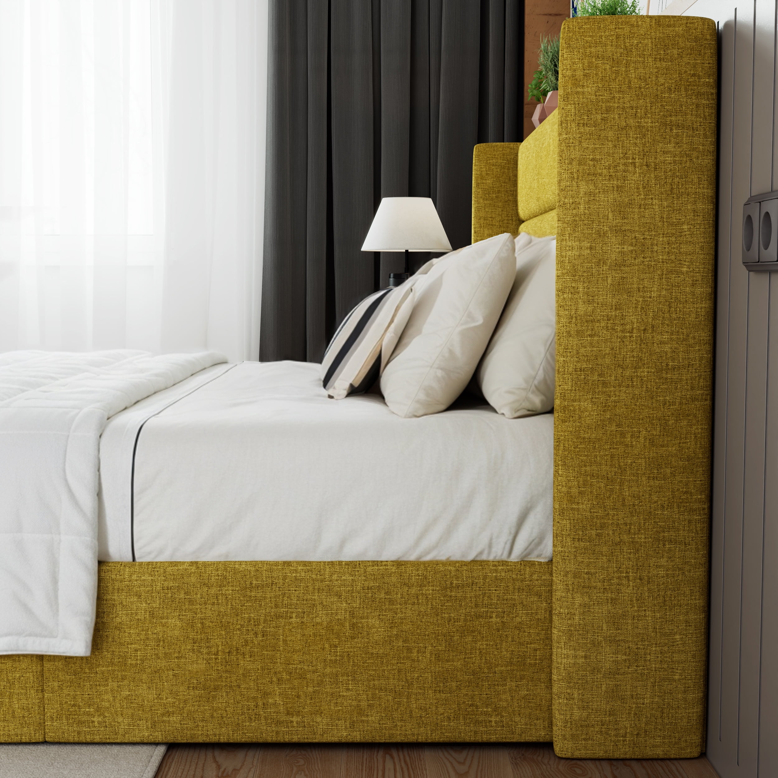 SHA CERLIN Grey King Size Lift Up Platform Bed Frame with Channel Headboard, Wingback & Storage, Adult