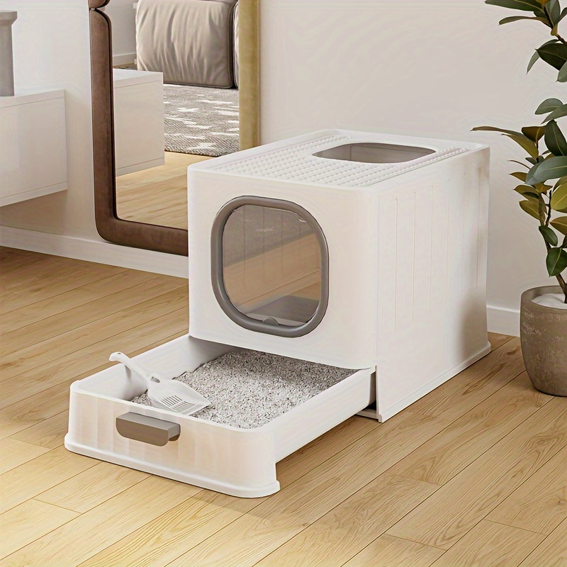 Large Enclosed Cat Litter Box with Lid Cover Hooded Odorless Cat Toilet with Litter Scoop Cat Self Groomer Deodorizer Filter - Curated Treasures Market