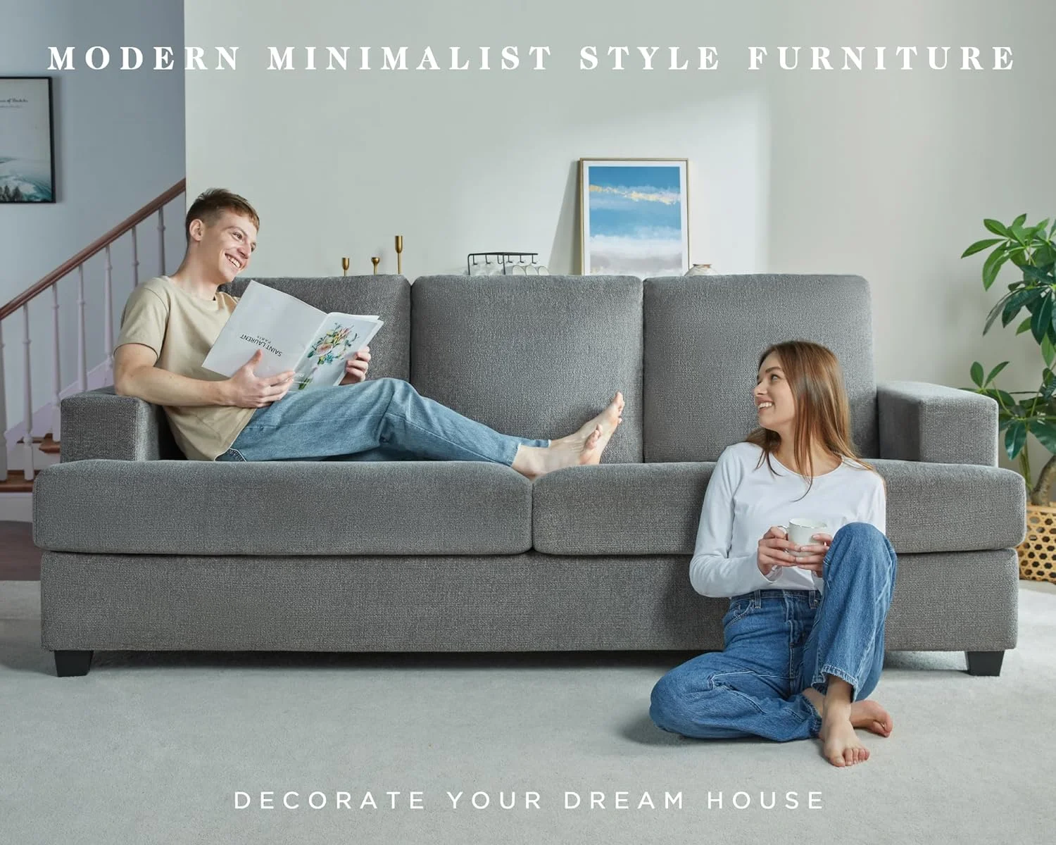 PapaJet 3 Seater Comfy Sofa with Extra Deep Seat, 97 Modern Couches for Living Room, Grey Chenille