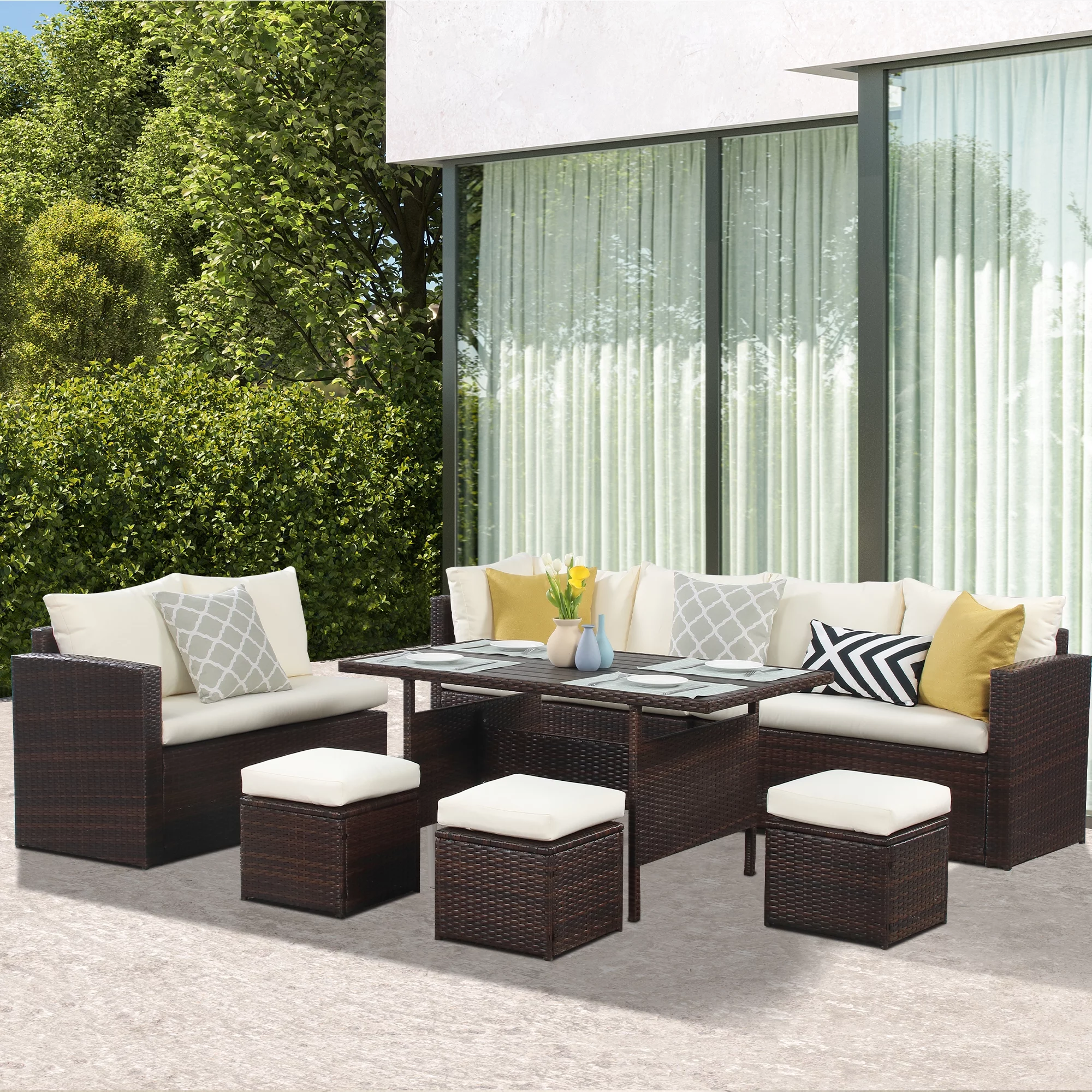 Superjoe 7 Piece Outdoor Patio Furniture Set, Dining Sectional Sofa with Dining Table and Chair, All Weather Wicker Conversation Set with Ottoman, Ivory