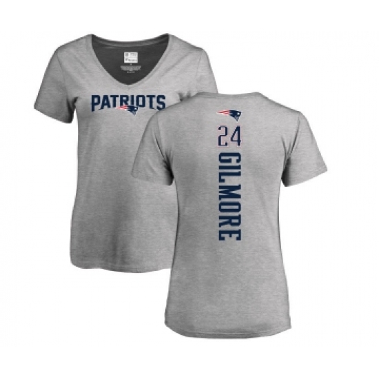 Football Women's New England Patriots #24 Stephon Gilmore Ash Backer V-Neck T-Shirt