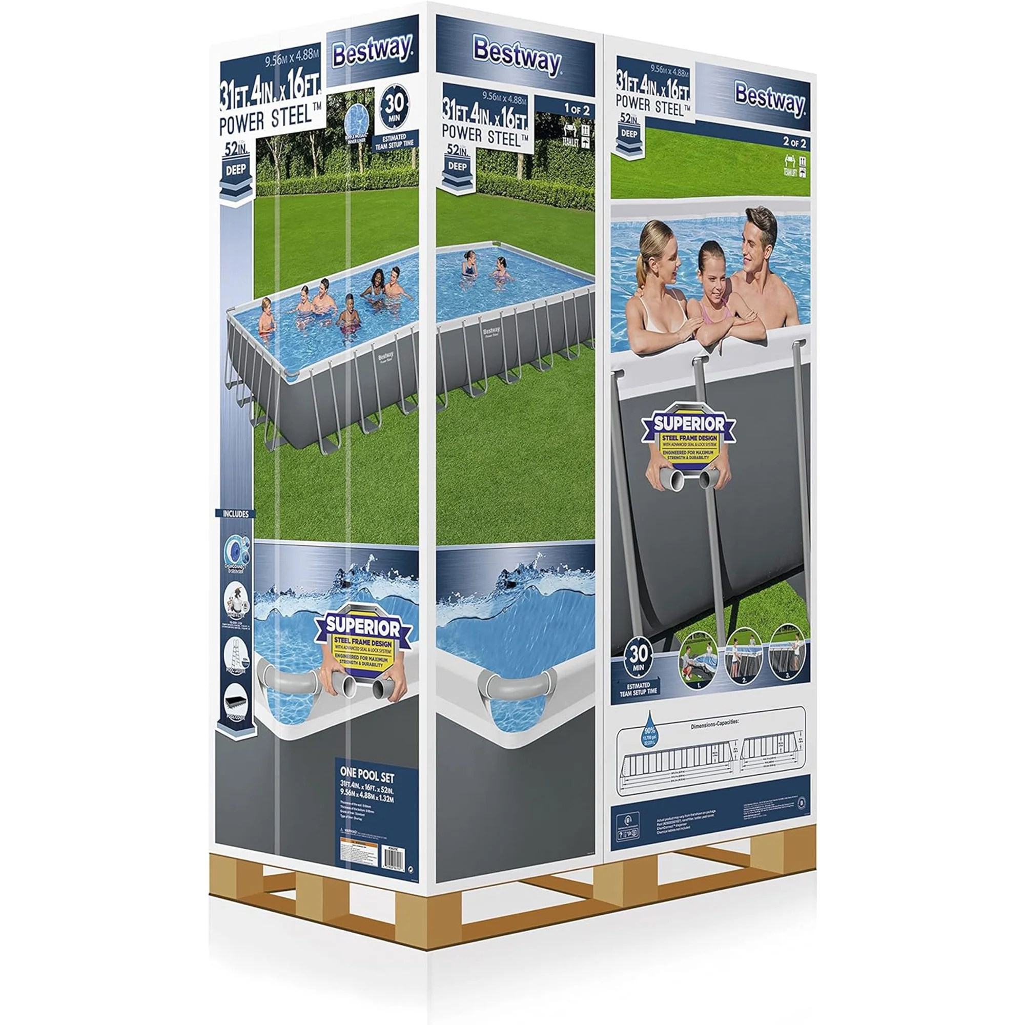 Bestway Power Steel Rectangular Metal Frame Above Ground Pool Set, Grey