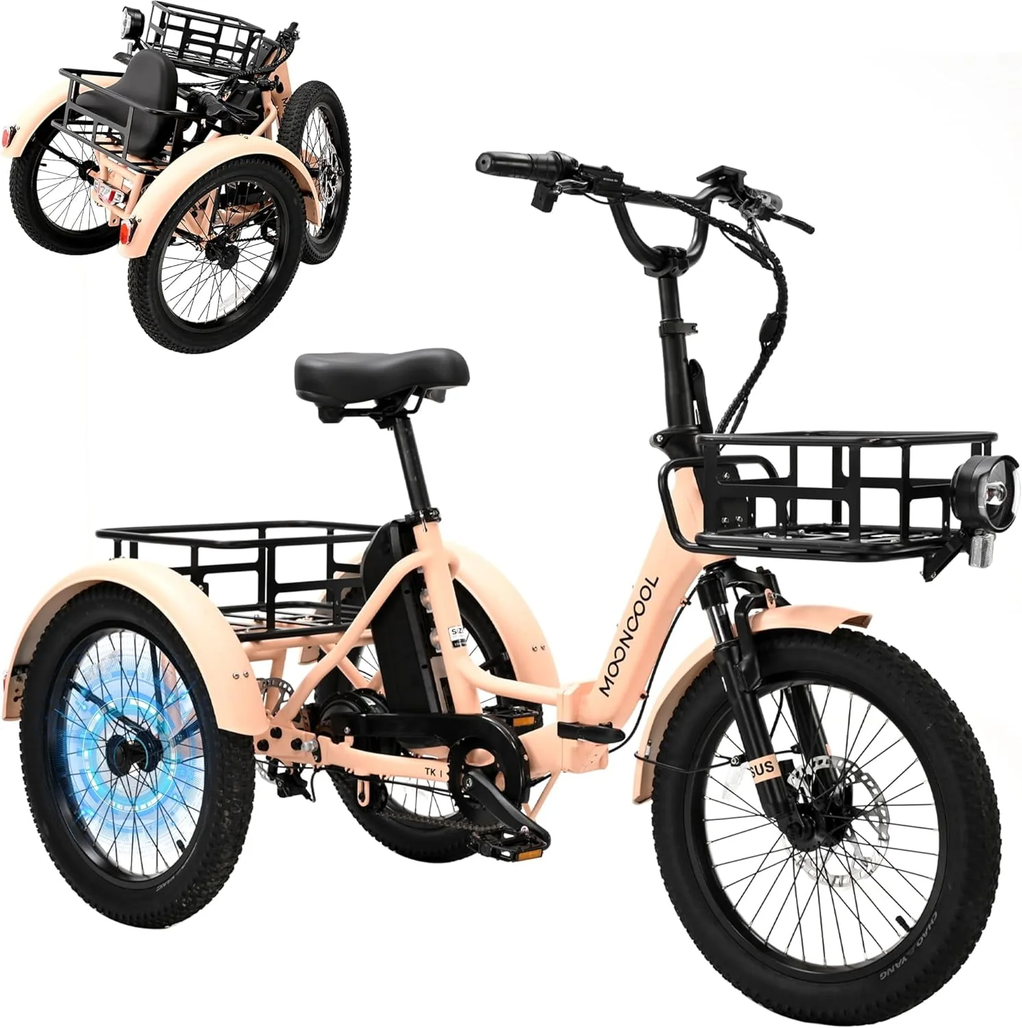 MOONCOOL Folding Electric Tricycle, 750W Motor 48V Foldable Ebike Electric Trike for Adults, 20 Fat Tire 3 Wheel Electric Bicycle with Front & Rear Baskets
