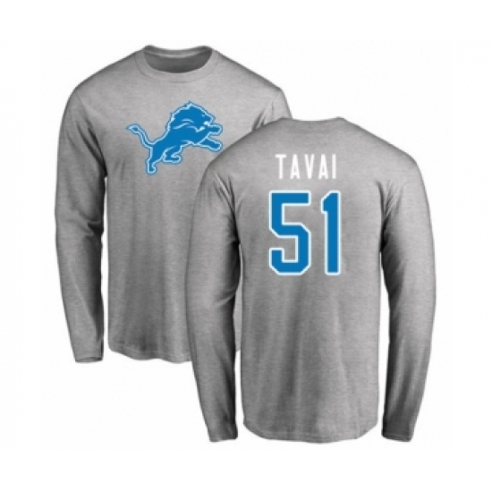 Football Detroit Lions #51 Jahlani Tavai Ash Name & Number Logo Long Sleeve T-Shirt