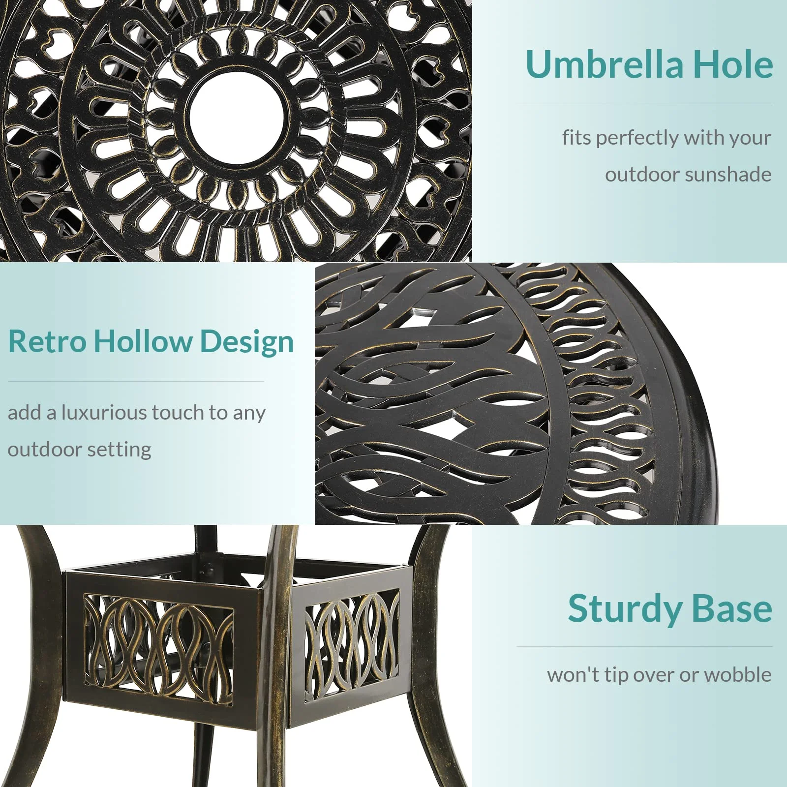 MEETWARM 3 Piece Patio Bistro Set, Outdoor All-Weather Cast Aluminum Dining Furniture Set Includes 2 Chairs with Cushions and a 35.4” Round Table with Umbrella Hole for Garden Deck - Curated Treasures Market