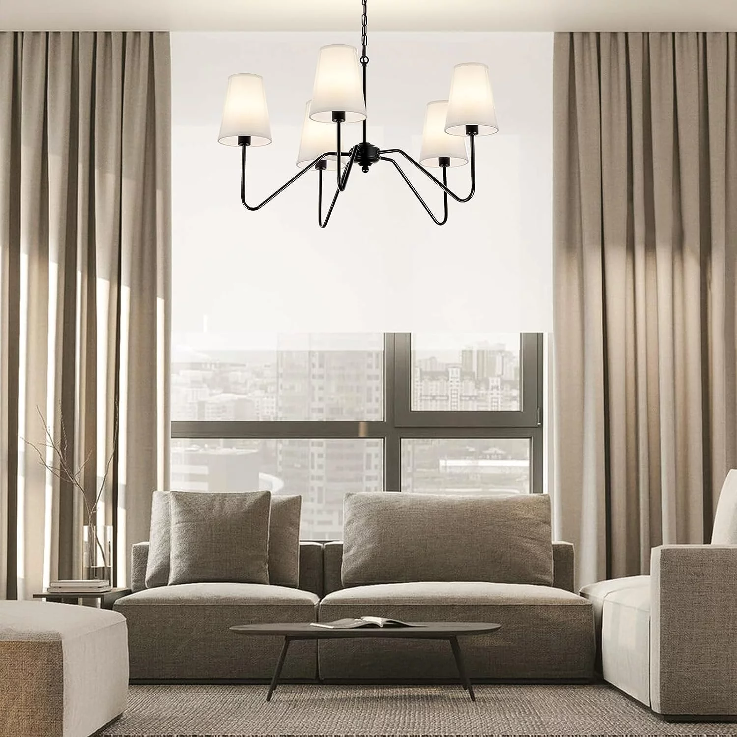 WANHUI Chandelier for Dining Room, Modern Pendant Light Fixture Over Table with White Shade Classic Ceiling Hanging Lighting for Living Room Hallway Bedroom, 5-Arm, 30