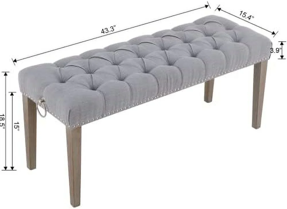 SJOLKMN French Vintage Bench  43.3 Inch Upholstered Ottoman Bench with Solid Wooden Legs Pull Ring  Linen Fabric Tufted Shoe Bench for Entryway Bedroom  Grey - Curated Treasures Market