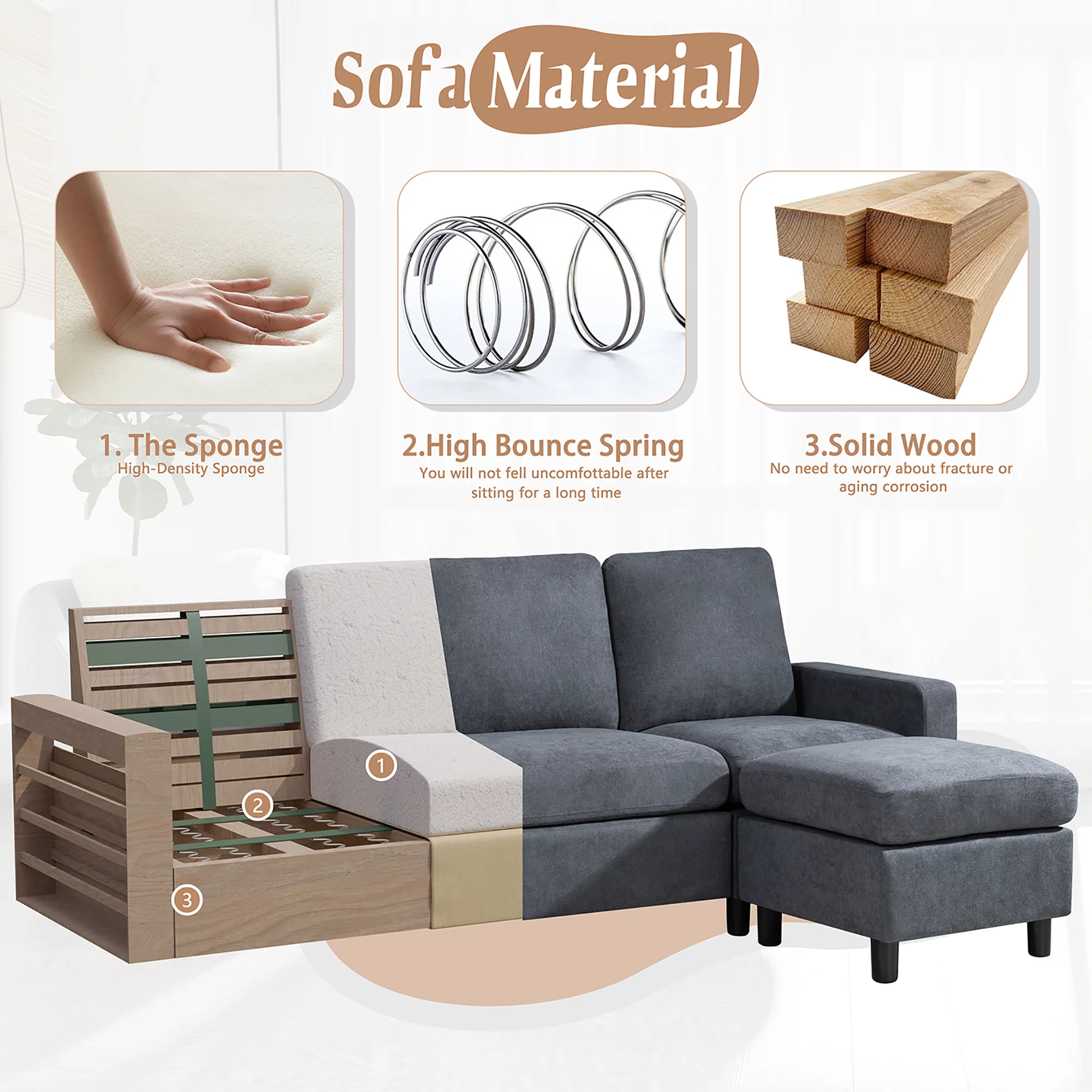 Convertible Sectional Sofa Couch with Storage Ottoman, L-Shaped Wide Reversible Chaise with Linen Fabric(Deep Grey) - Curated Treasures Market