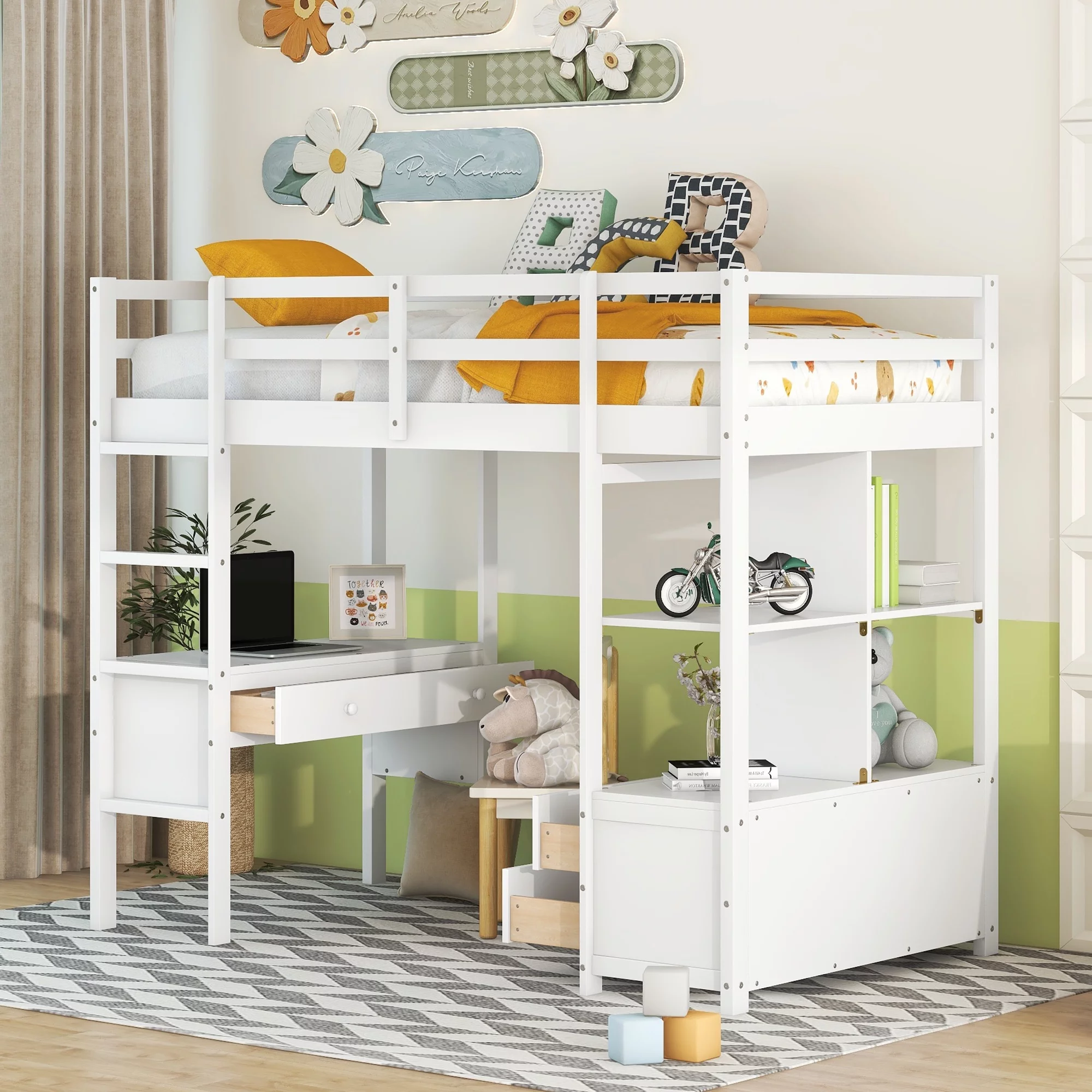 Royard Oaktree Twin Size Loft Bed with Built-in Desk and Storage Shelves with Drawers Wood Loft Bed Frame with Ladder and Guardrails, White - Curated Treasures Market