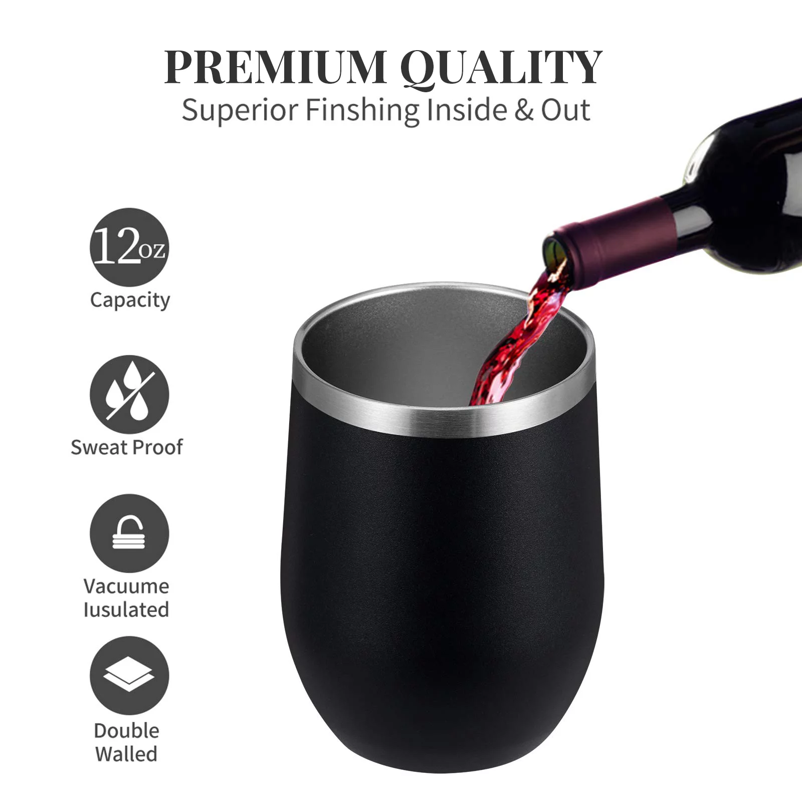 Wine Tumbler, 12oz Insulated Wine Tumbler with Lid and Straw, Double Wall Vacuum Stainless Steel for Cold & Hot Drinks Black - Curated Treasures Market