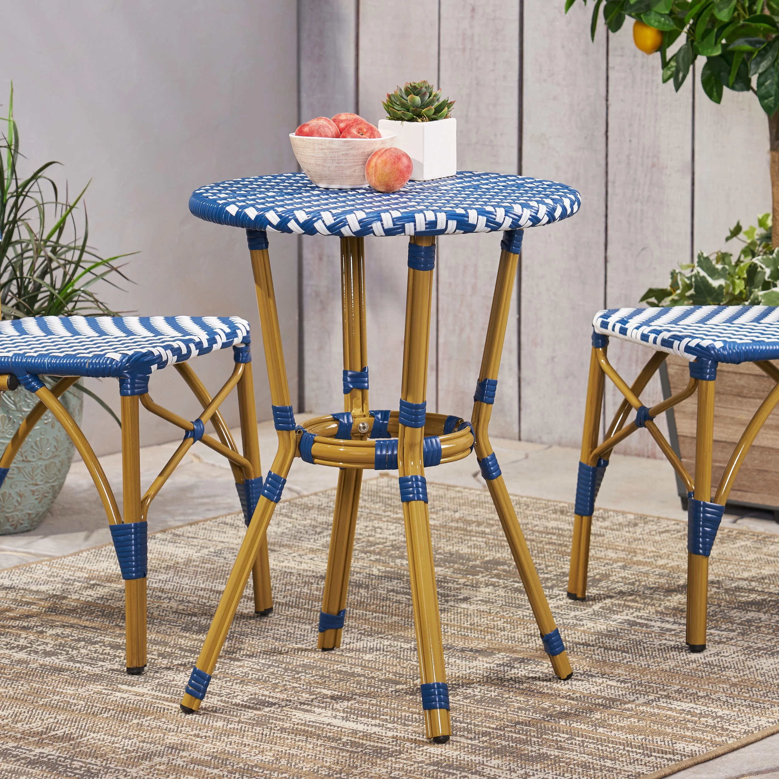 GDF Studio Deshler Outdoor Aluminum and Wicker French Bistro Table, Navy Blue, White, and Bamboo Finish - Curated Treasures Market