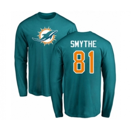 Football Miami Dolphins #81 Durham Smythe Aqua Green Name & Number Logo Long Sleeve T-Shirt