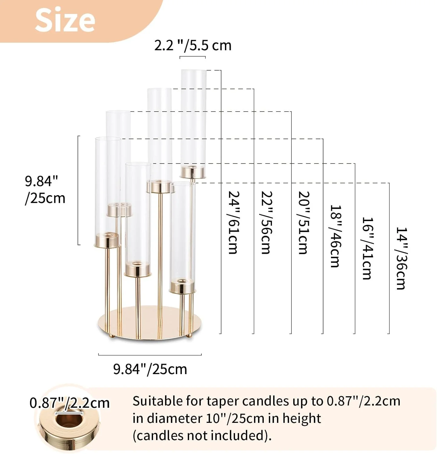 Hurricane Glass Candle Holders 6 Arm Gold Metal Candlestick Candelabra with Removable Clear Cylinder Sleeve 24 inch Taper Holder - Curated Treasures Market