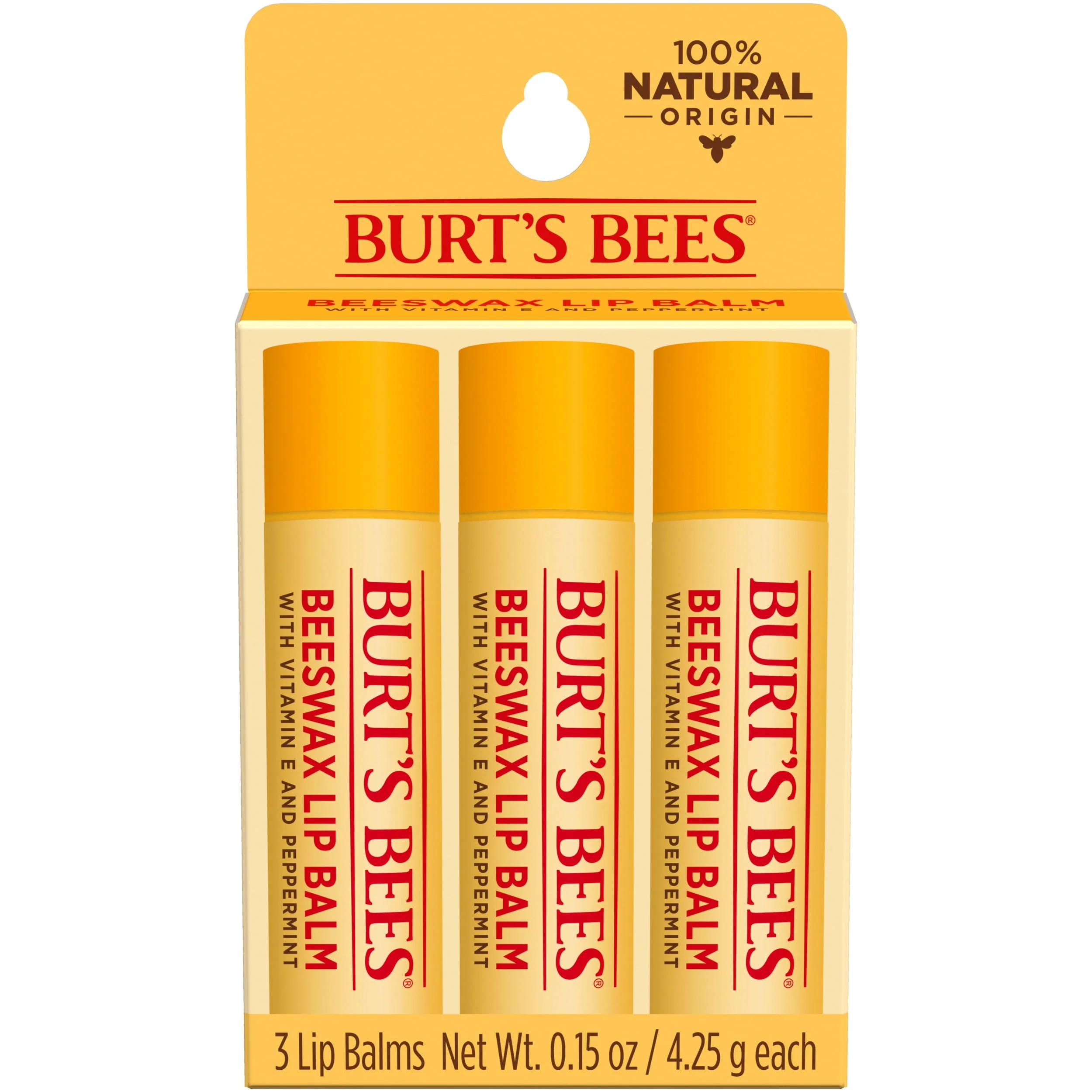 Burt's Bees 100% Natural Moisturizing Lip Balm with Beeswax, Vitamin E & Peppermint Oil, 4 Count