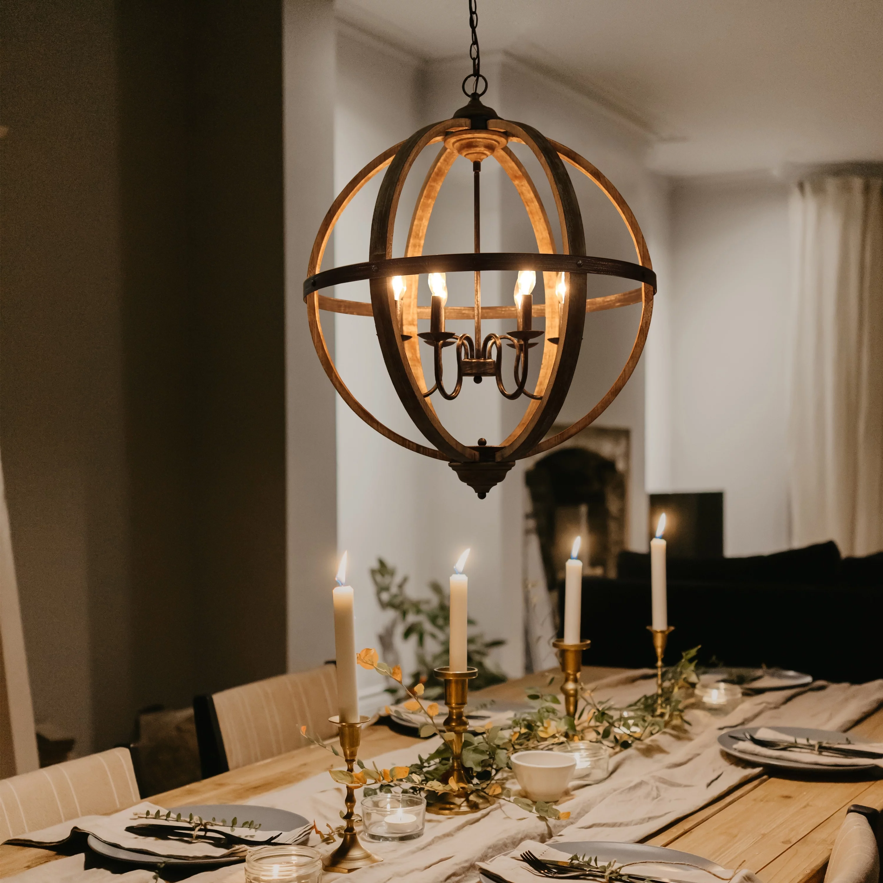 LNC Azizon Farmhouse 6-Light Wood Chandelier Globe Hanging Light for Dining Room 6-Light-D 27