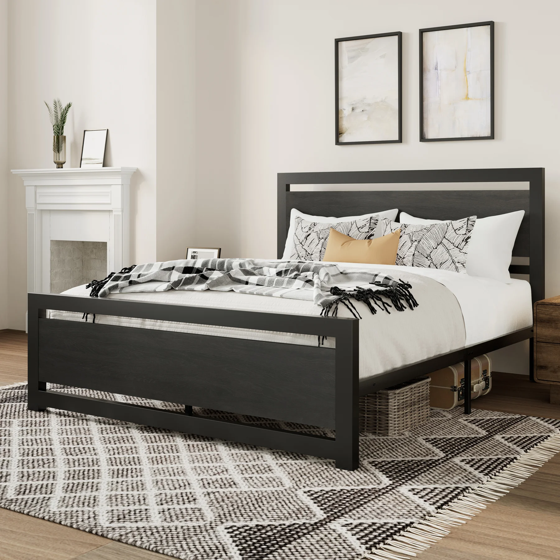 Amolife Queen Size Metal Platform Bed Frame with Headboard & Footboard, Rustic Brwon