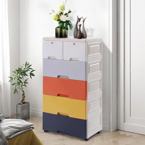 CDHJKKB Plastic Drawers Dresser   Cabinet with 5 Drawers  Closet Drawers Tall Dresser Organizer with 4 Wheels for Clothes  Playroom  Bedroom   18"x12"x33" - Morandi - Curated Treasures Market