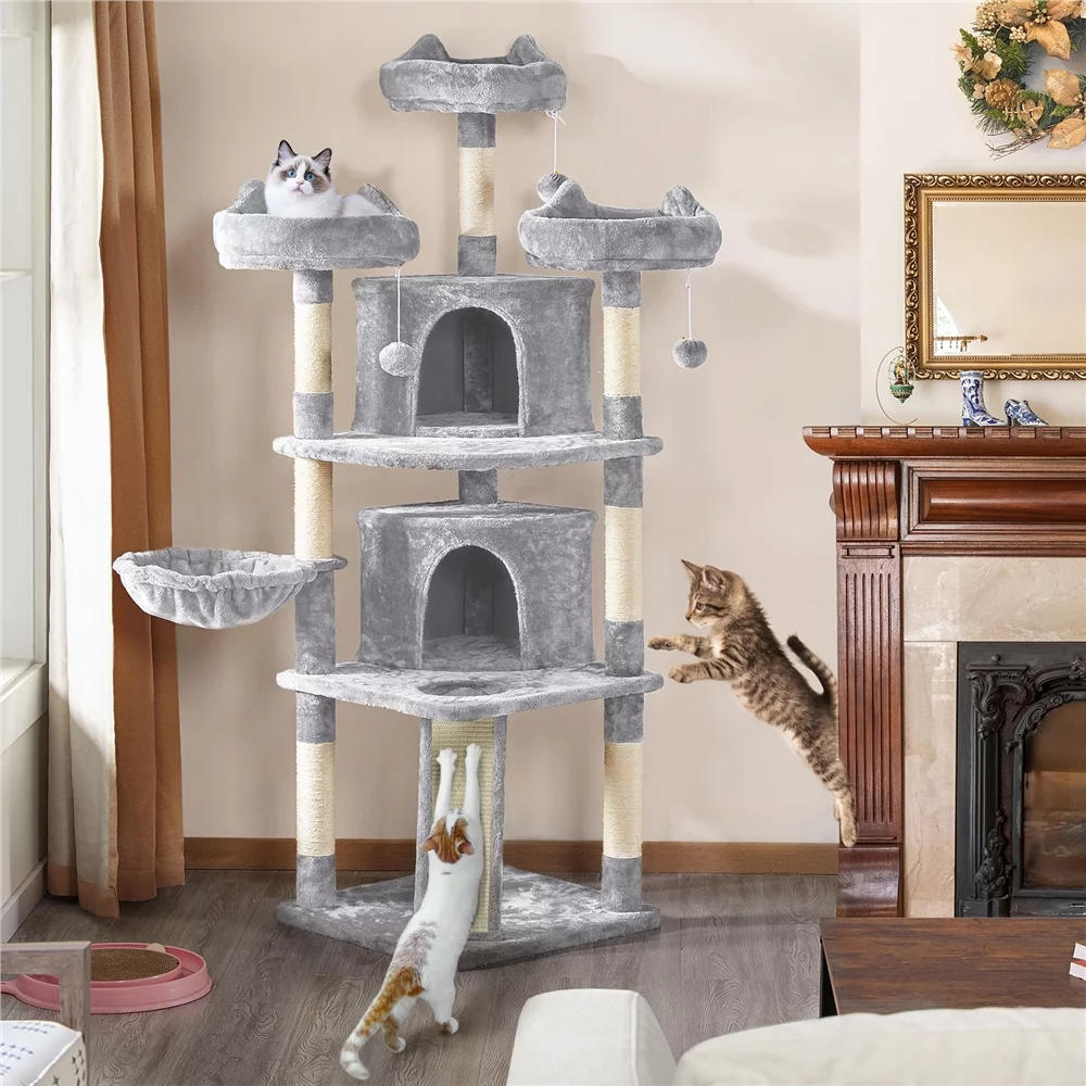 Yaheetech 69'' Cat Tree Cat Tower with Caves Condos & Scratching Posts, Light Gray - Curated Treasures Market