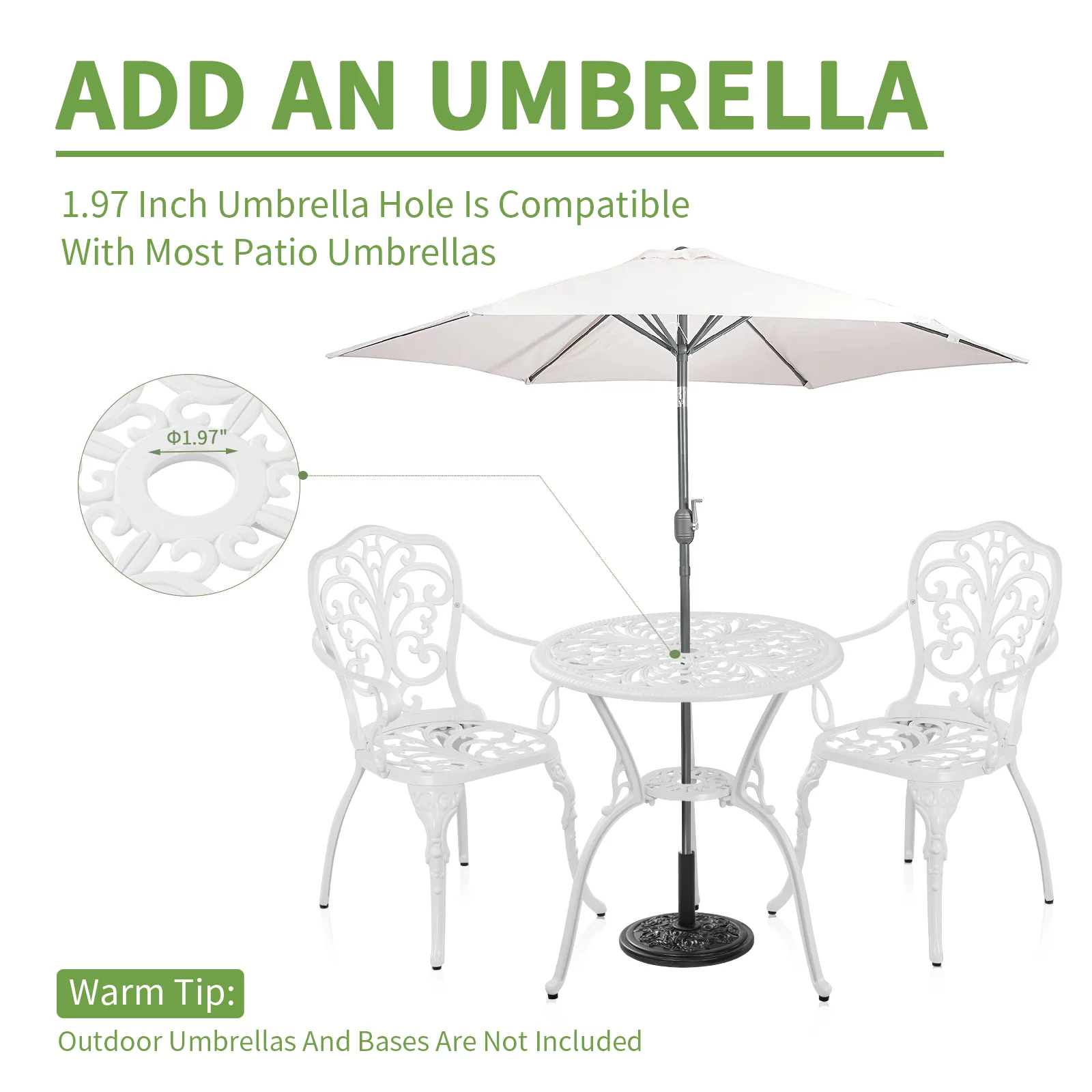 Withniture White Bistro Set Cast All Weather Bistro Table and Chairs Patio Furniture Set with Umbrella Hole