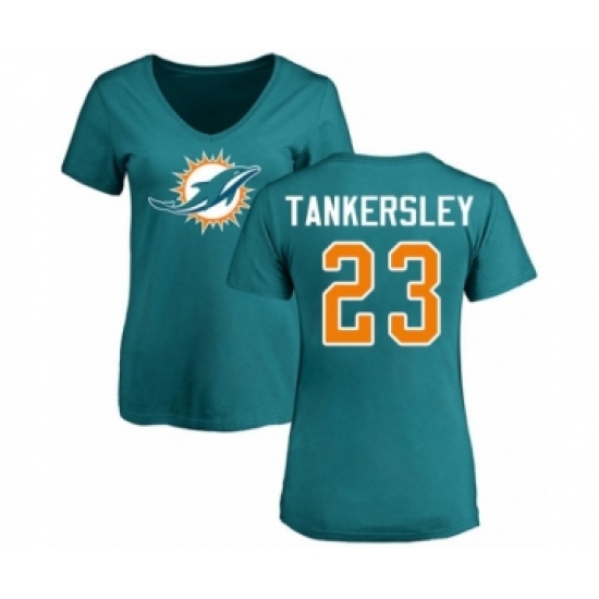 Football Women's Miami Dolphins #23 Cordrea Tankersley Aqua Green Name & Number Logo T-Shirt
