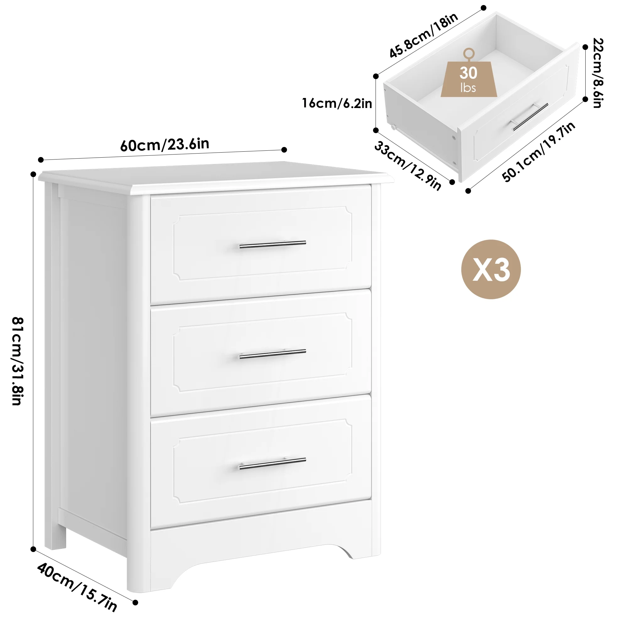Homfa 3 Drawers Dresser with Metal Handle, Nightstand Sofa Table for Bedroom Living Room, White