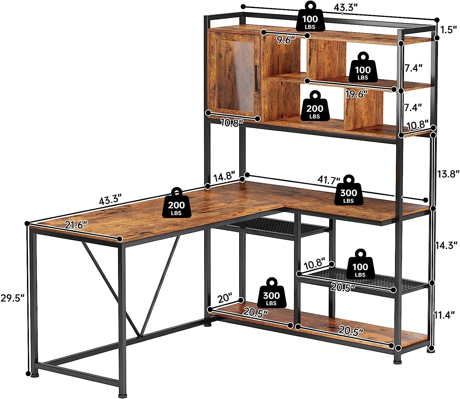 L-Shaped Desk with LED Lights & Hutch, Reversible Corner Computer Desk with Storage Shelves & Glass Cabinet, Writing Desk for Home Study, Rustic Brown - Curated Treasures Market