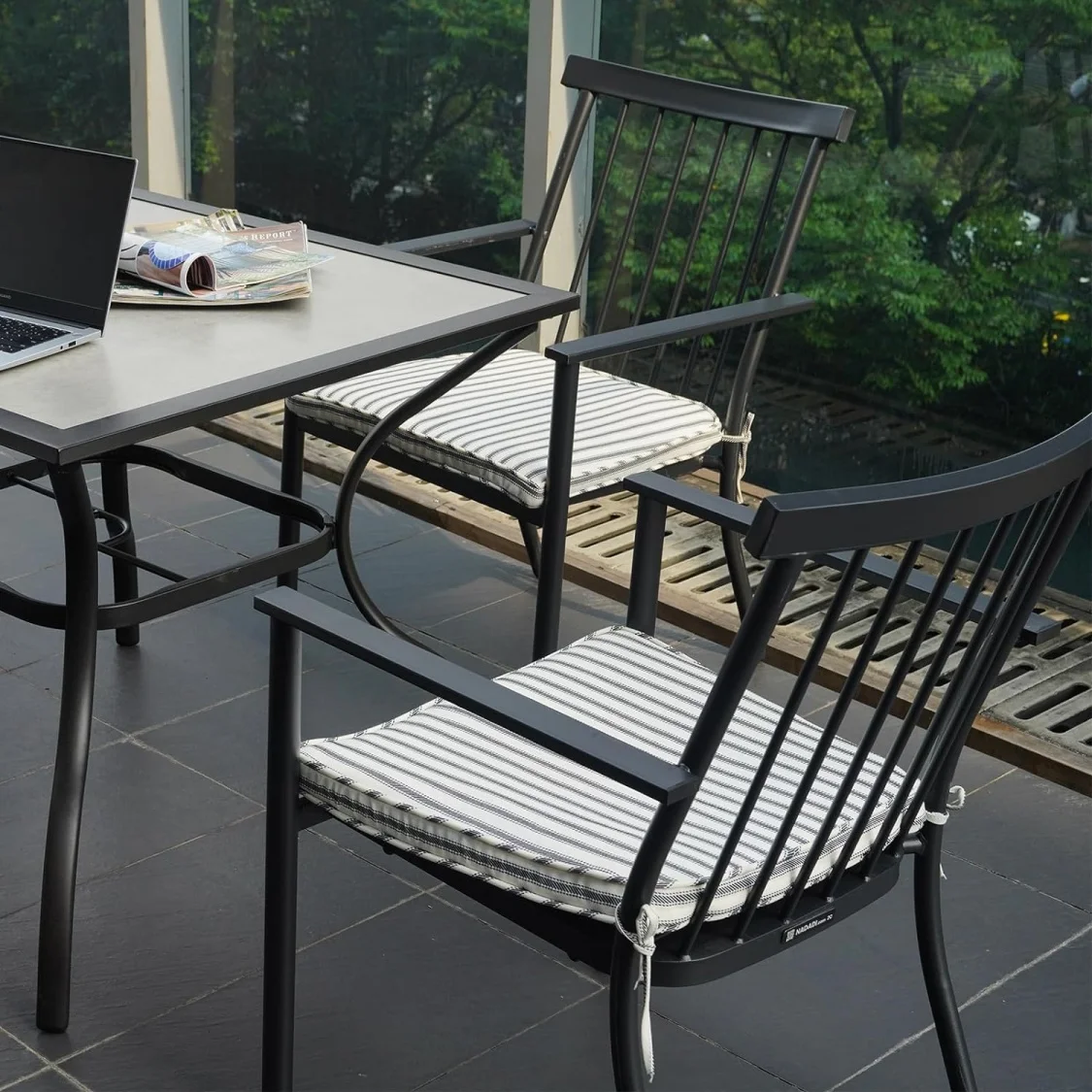 Set of 4 Outdoor Patio Chairs-2C, Integrated Stackable Wrought Iron Furniture Dining Chairs with Arms and Cushions, Indoor Outdoor Chairs for Porch, Yard, Lawn, Garden - Black - Curated Treasures Market