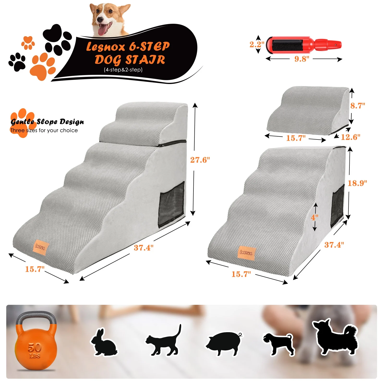 TOPMART 6 Step Pet Stairs for Dogs,Sponge Dog Stairs for High Beds,27.6in High,Grey - Curated Treasures Market